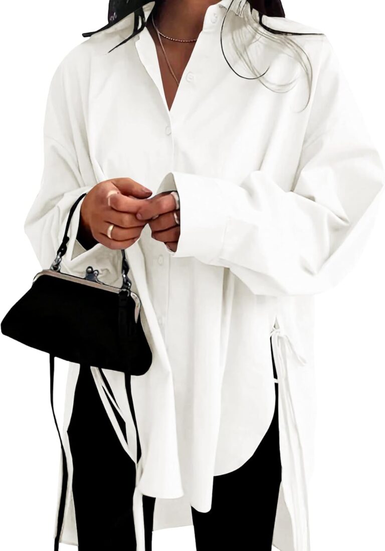 VNIRA Oversized Button Down Shirts for Women Long Sleeve Shirt Dress V Neck Split Sexy High Low Blouse with Straps