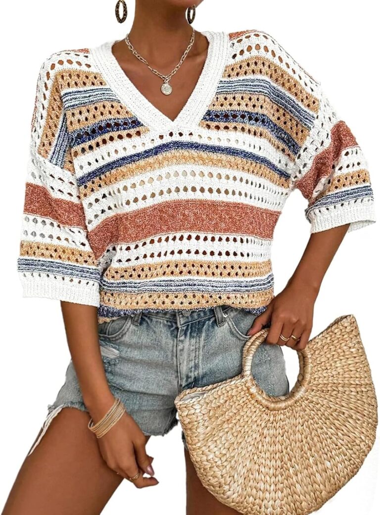 Saodimallsu Womens V Neck Crochet Sweaters Striped Short Sleeve Pullover Hollow Out Tops Beach Cruise Outfits 2025