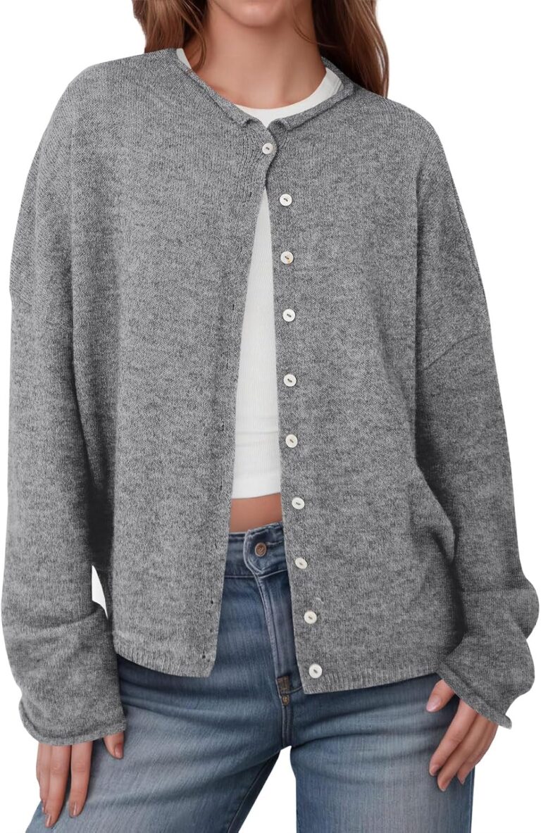 Saodimallsu Womens Button Up Cardigan Sweaters Long Sleeve Crew Neck Fall Soft Lightweight Knit Loose Sweater Tops