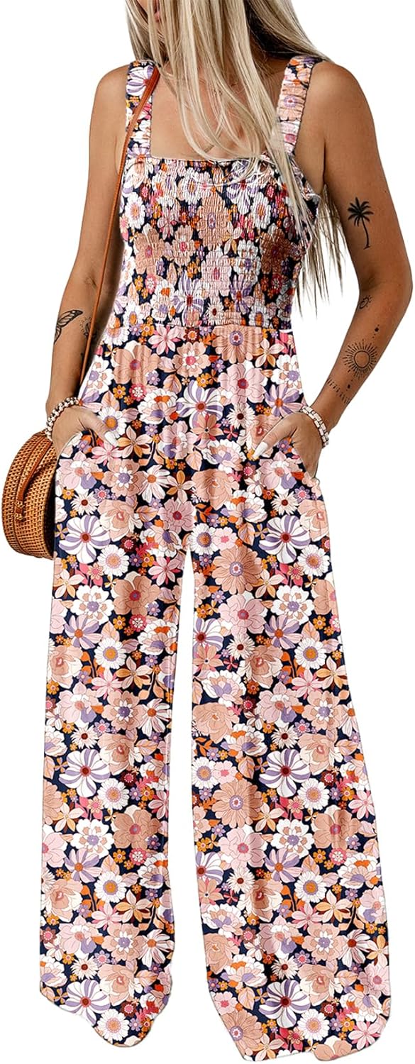 Dokotoo Women’s Casual Loose Overalls Jumpsuits One Piece Sleeveless Printed Wide Leg Long Pant Rompers With Pockets