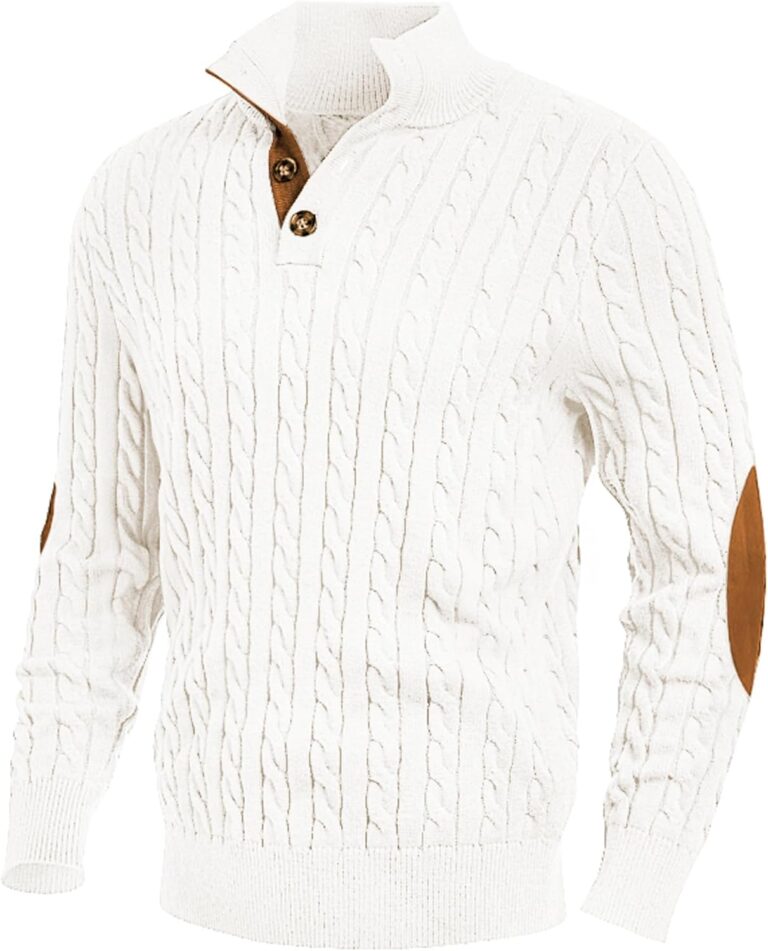 JMIERR Men’s Cable Knit Pullover Sweater Casual Long Sleeve Stand Collar Button Knitted Sweaters