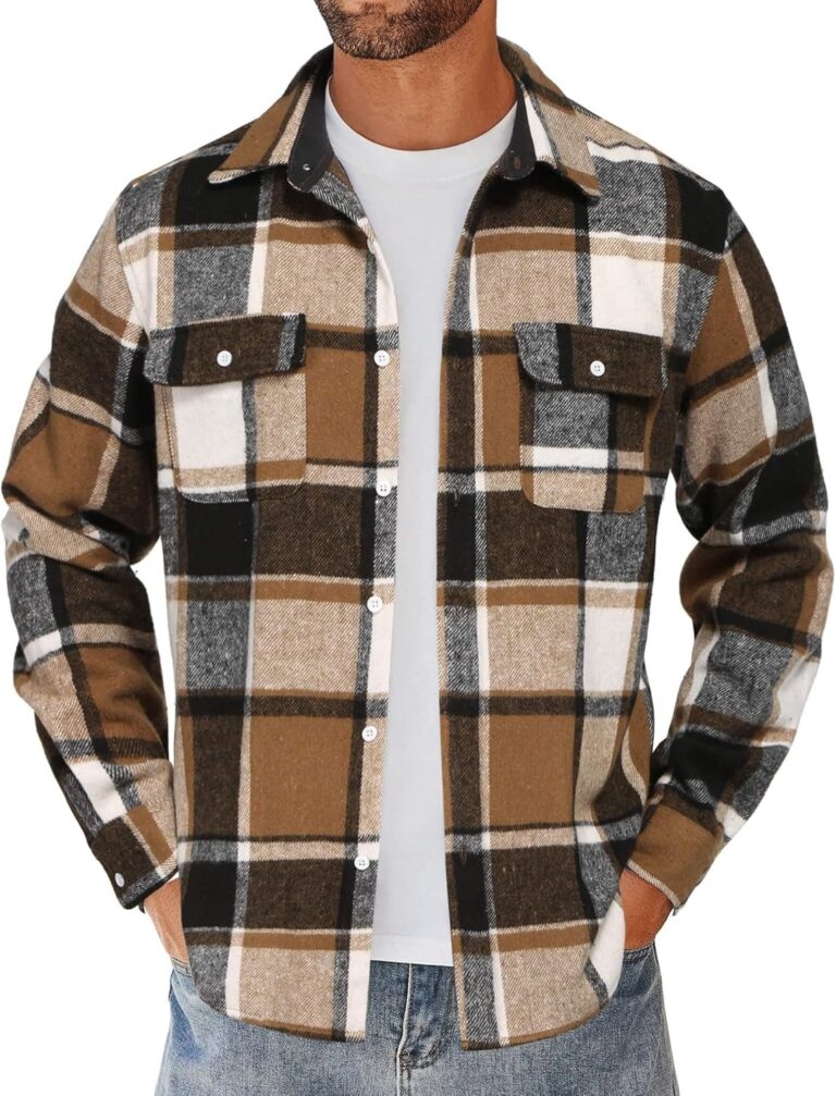 COOFANDY Men’s Flannel Shirts Long Sleeve Cotton Plaid Shirt Jacket Casual Button Down Shirt with Pockets
