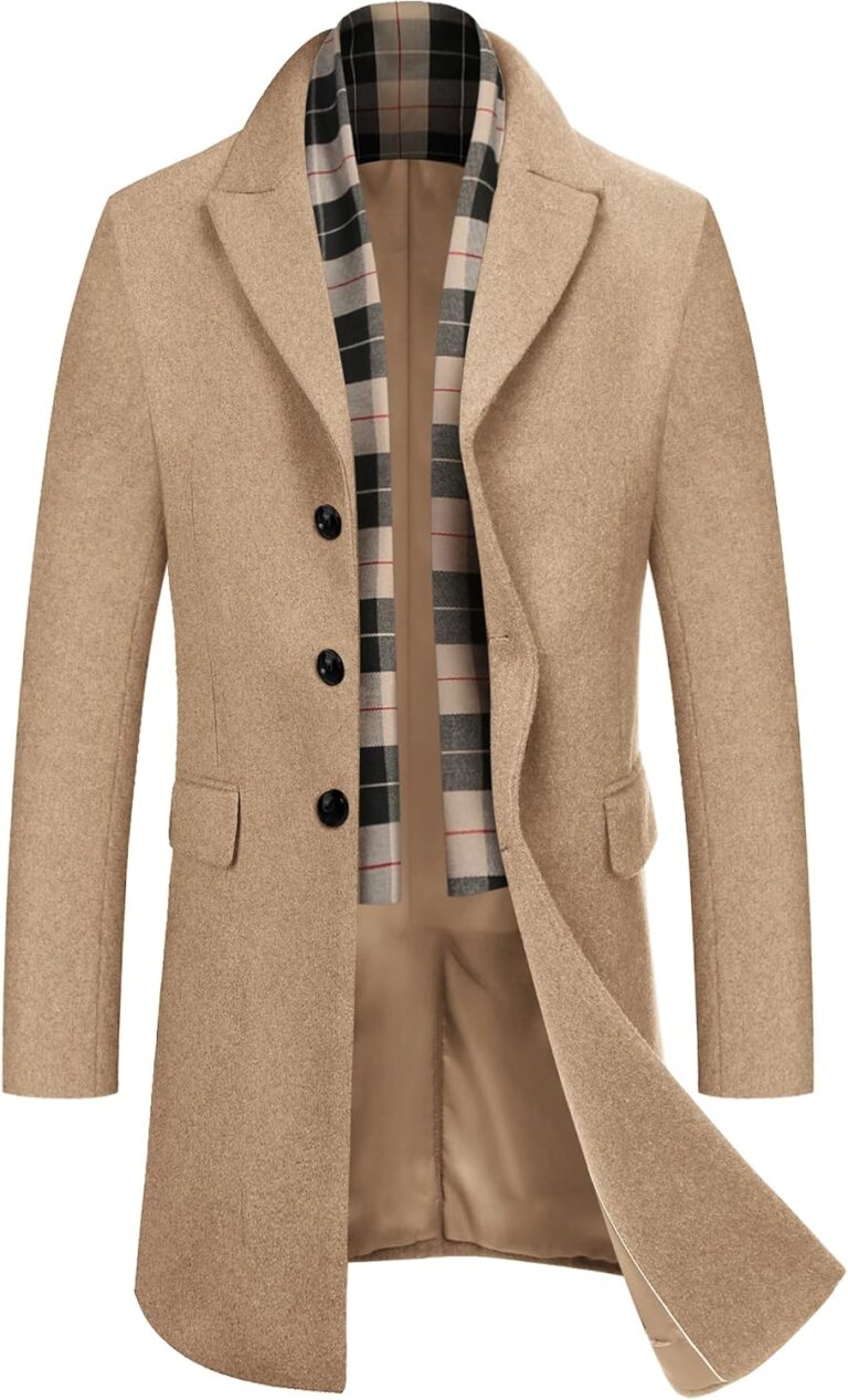 COOFANDY Men’s Wool Blend Coat with Detachable Plaid Scarfs Notched Collar Single Breasted Pea Coat Trench Overcoat